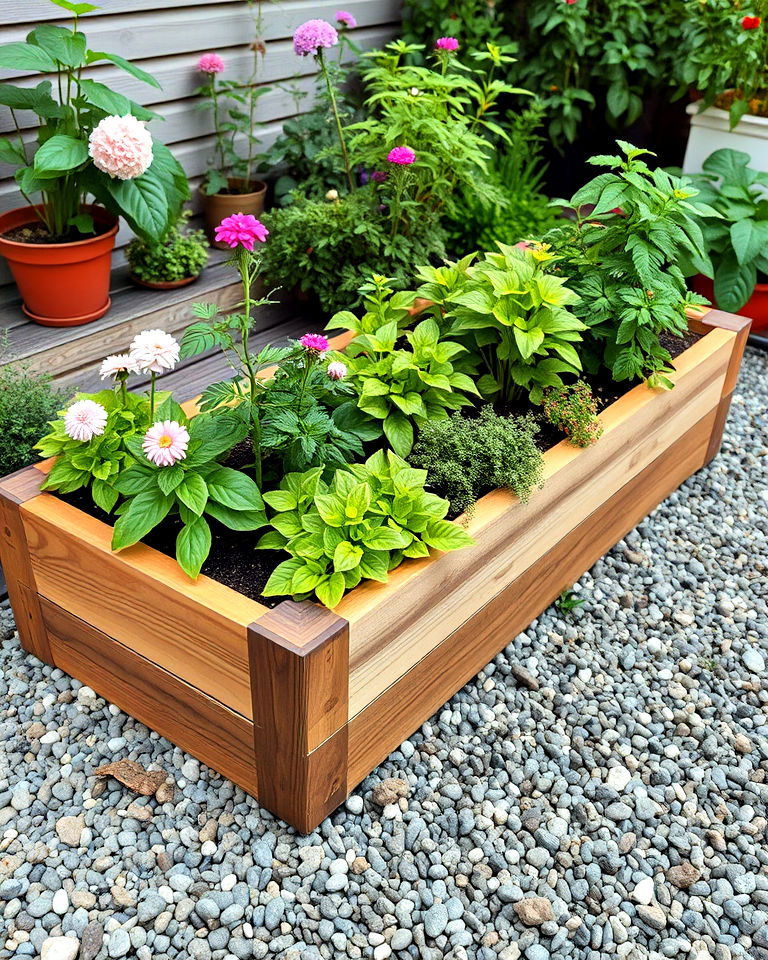gravel and raised wooden planters