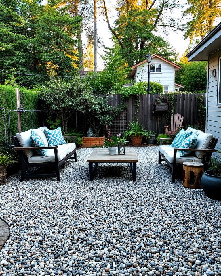 gravel patio with outdoor seating