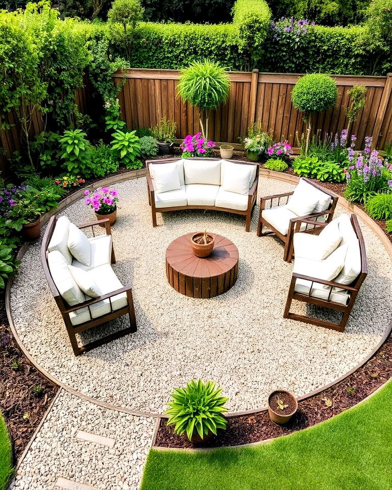 gravel seating circle in long garden