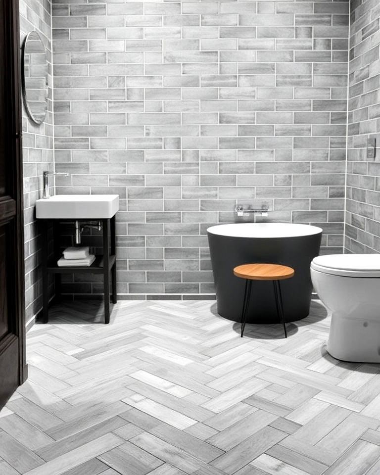 gray herringbone tile pattern for bathroom floor