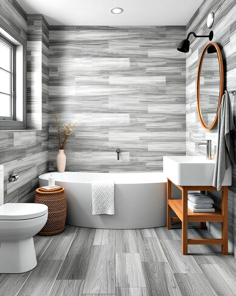 gray wood look tiles for natural warmth