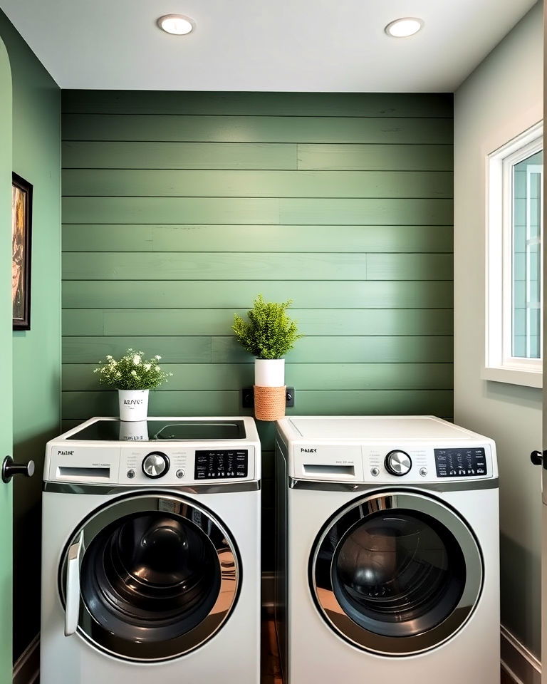 green accent wall with shiplap for laundry area