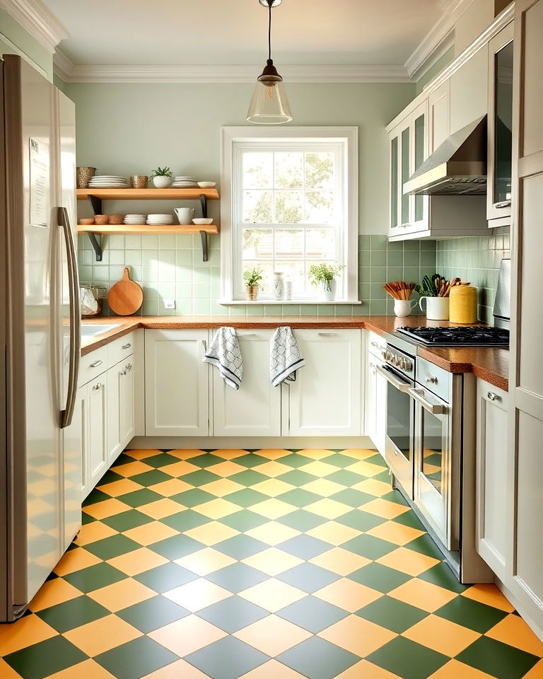 green and yellow checkerboard floor for kitchen
