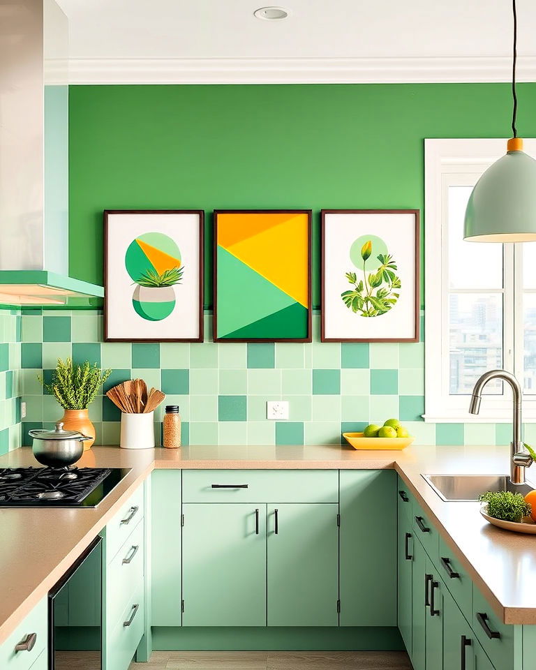 green and yellow geometric wall art for kitchen