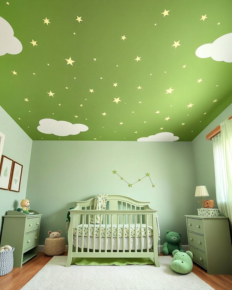 green ceiling nursery with starry effects