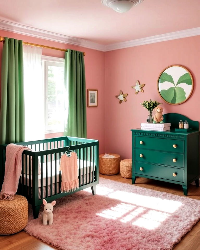 green furniture against pink walls in nursery