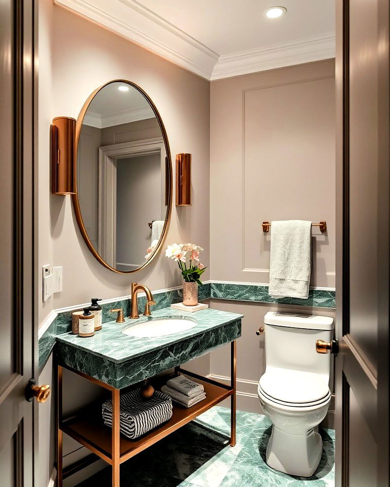 green marble vanity for luxury powder room
