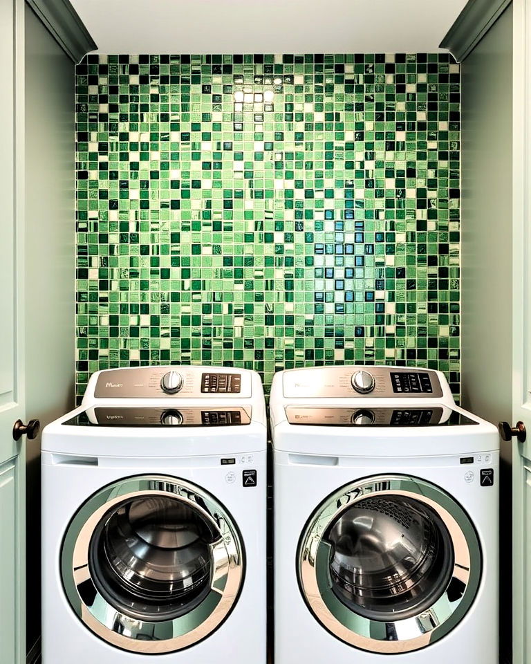 green mosaic backsplash for laundry room