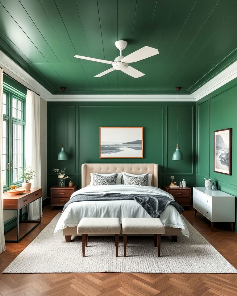 green paneled ceiling with neutral walls for bedroom