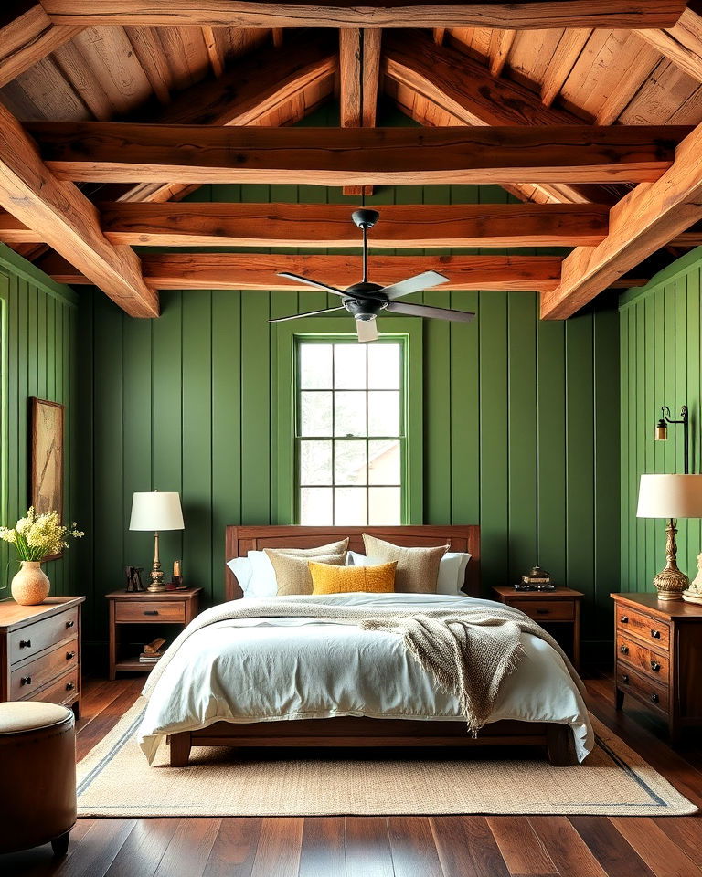 green paneling with rustic wood beams for bedroom