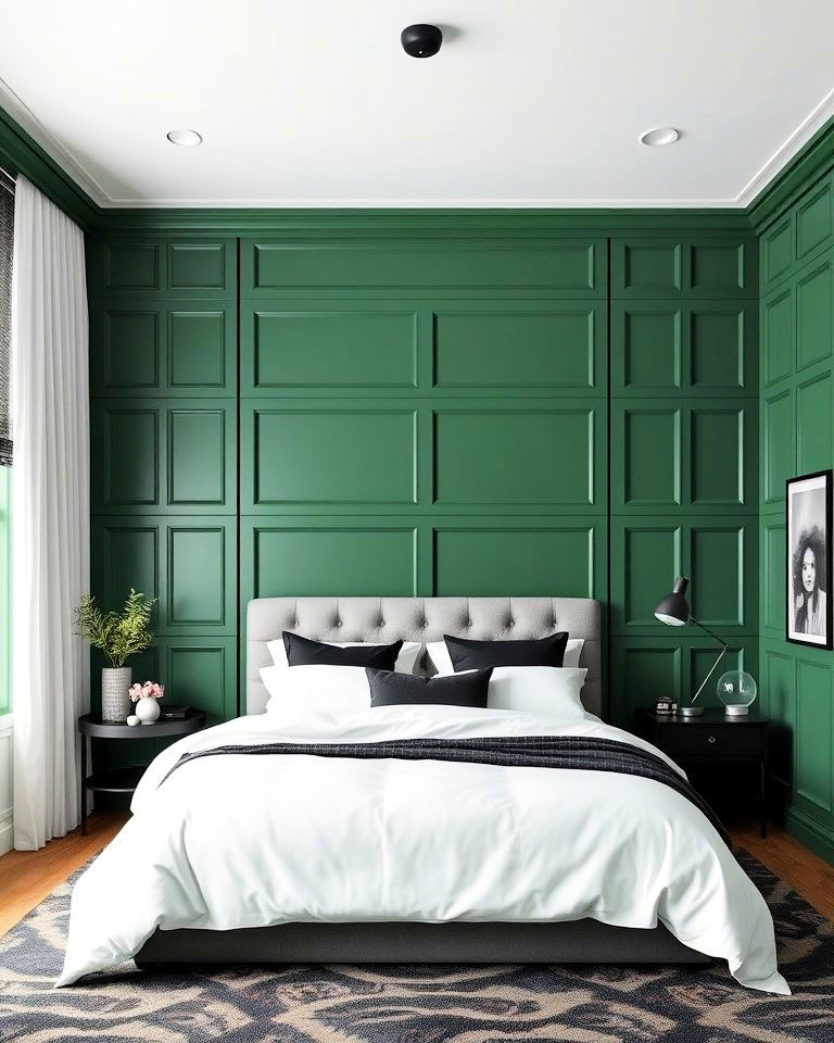 green paneling with white bedding and black accents