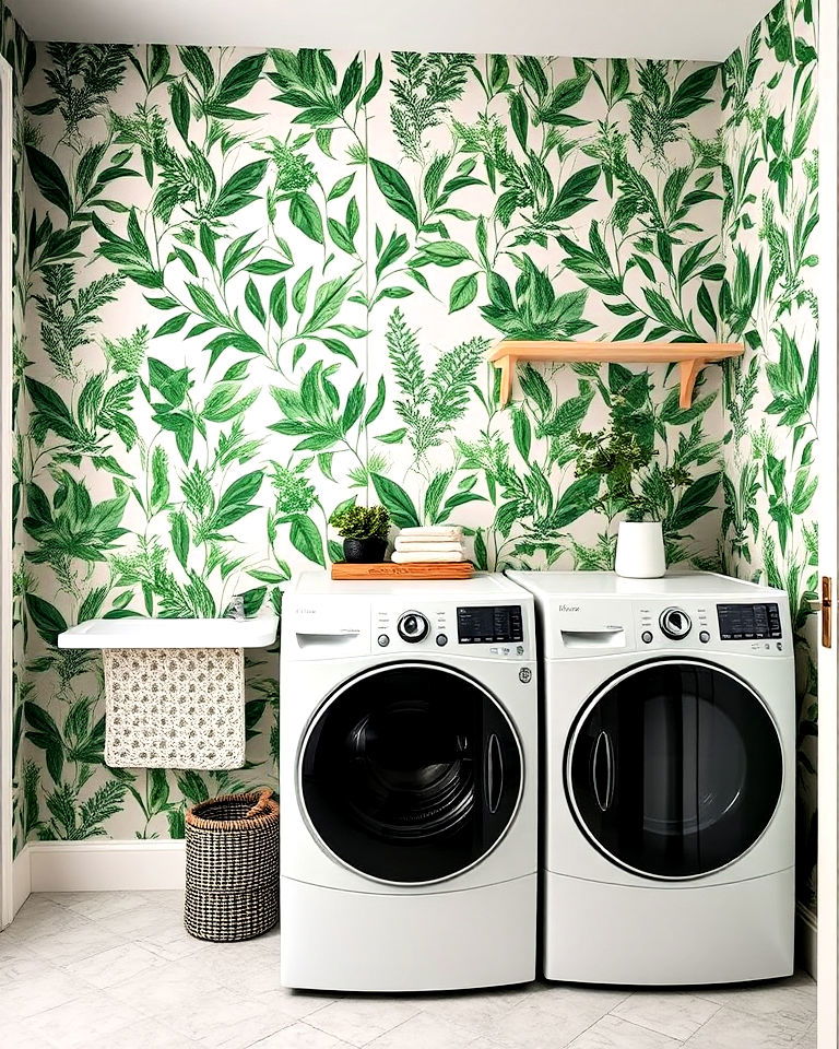 green patterned wallpaper for laundry room