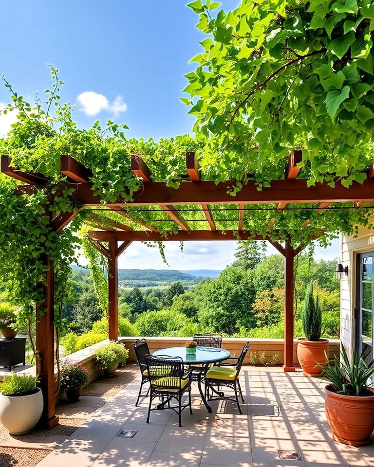 green pergola roof with lush climbing vines