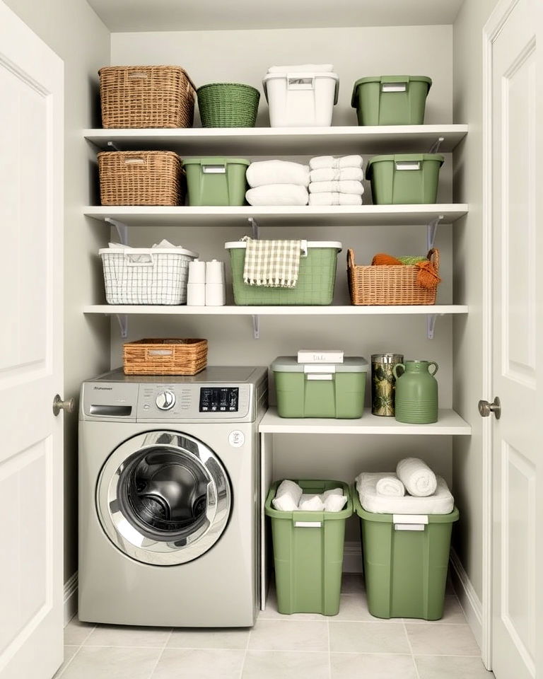 green storage bins and baskets for laundry room