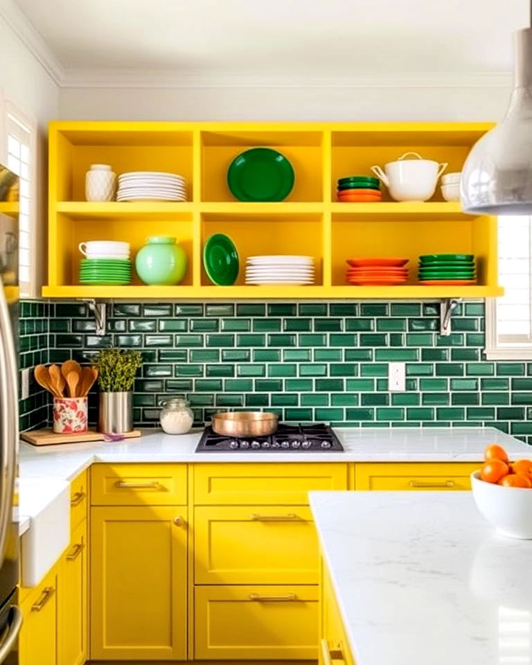 green tile backsplash with yellow open shelving for kitchen