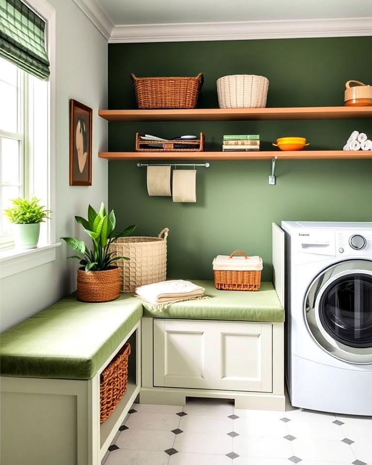green upholstered bench or seating for laundry room