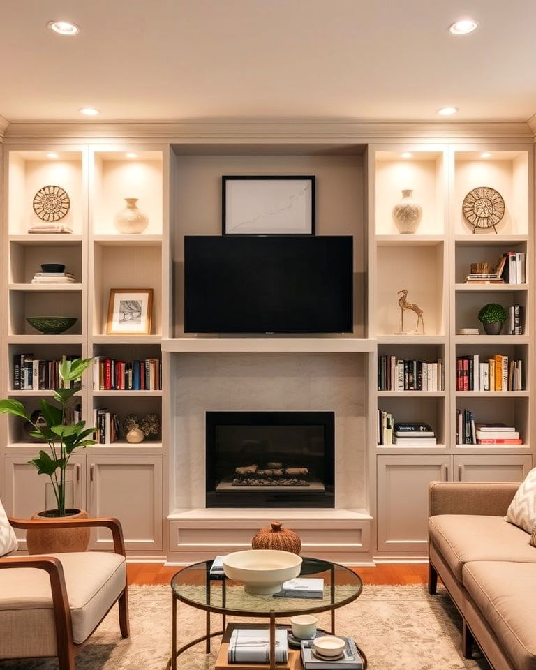 greige built in shelving for living room display