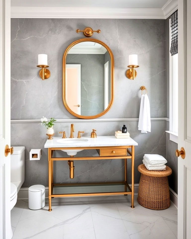 grey and brass combination for glamour bathroom