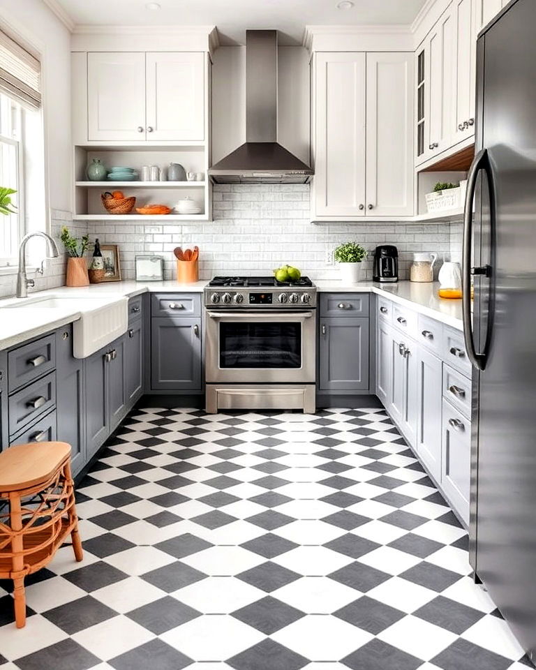 grey and white checkerboard tile kitchen floor