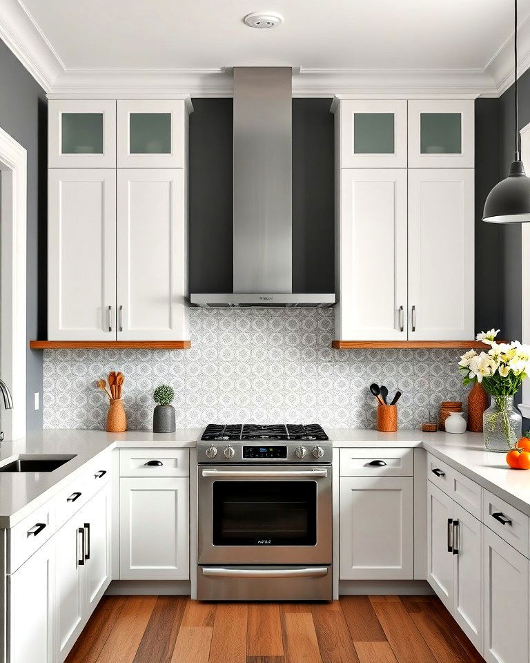 grey kitchen accent wall with white trim and cabinets