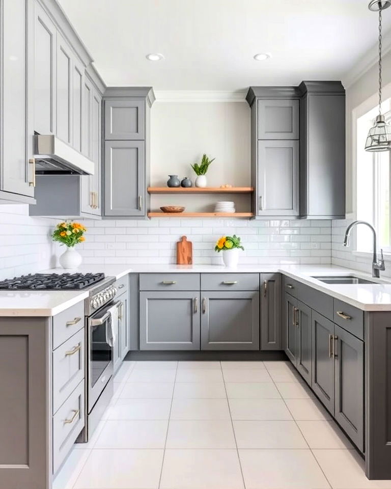grey kitchen cabinetry with white tile flooring