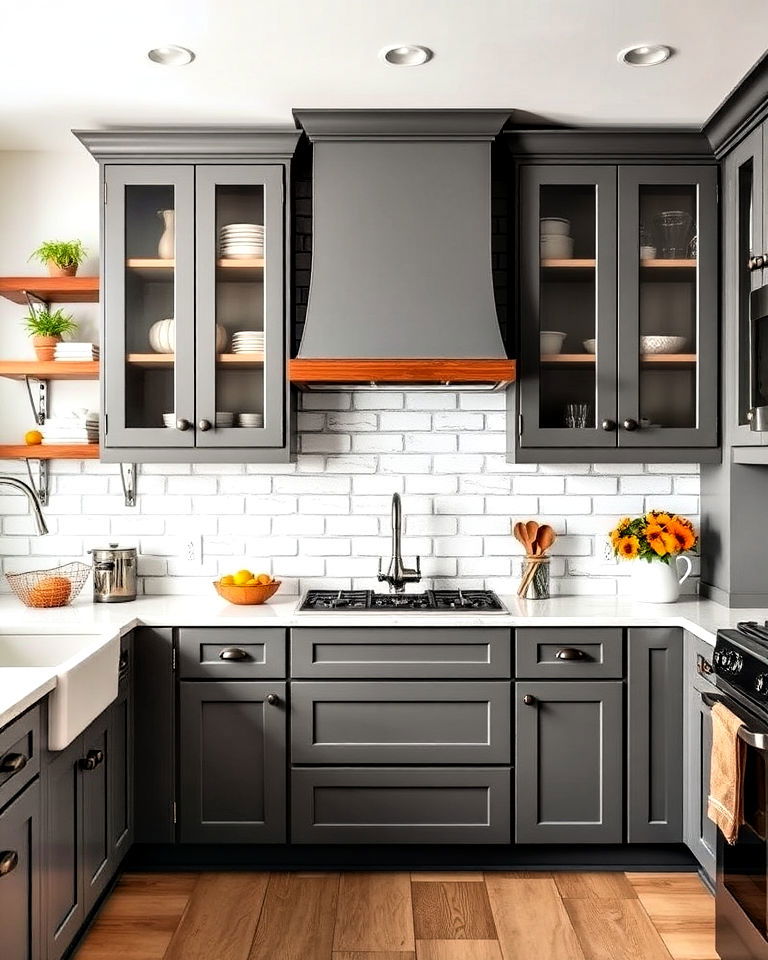 grey kitchen cabinets with white brick backsplash