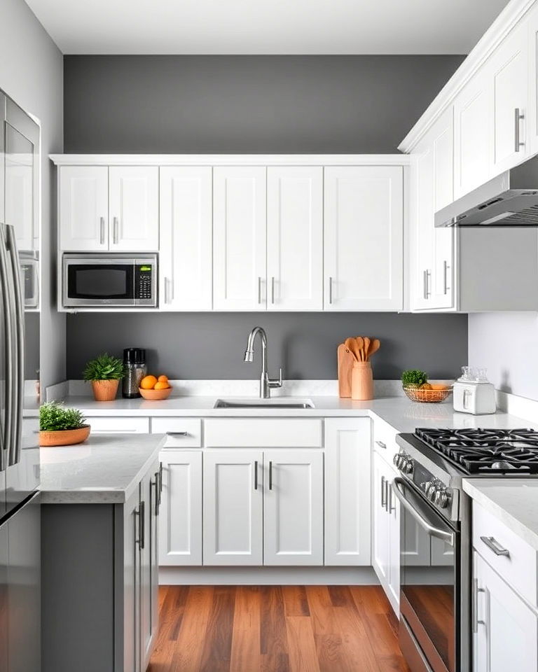 grey painted accent wall with white kitchen cabinets