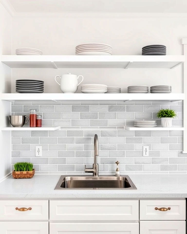 grey subway kitchen tile backsplash with white open shelving