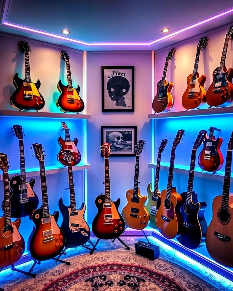 guitar room with customized lighting