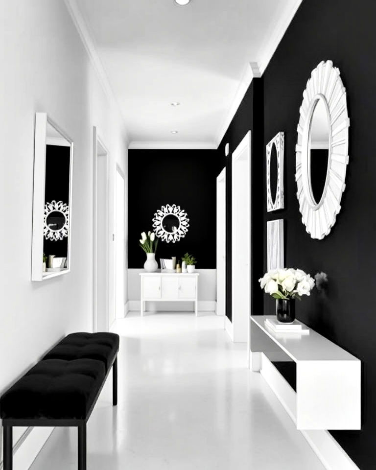 hallway black accent wall with white decor