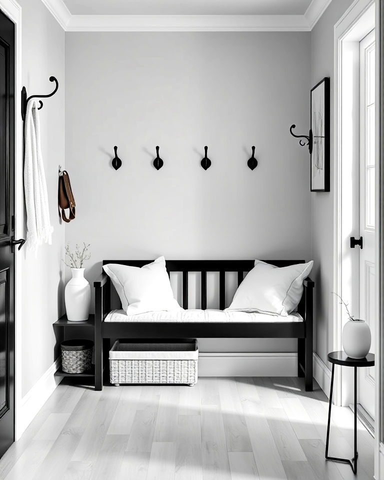 hallway black benches with white cushions
