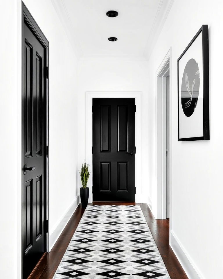 hallway black doors with white walls