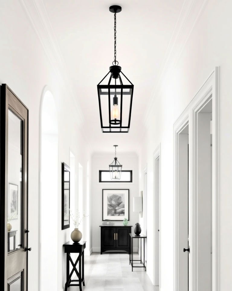 hallway black lantern lighting with white walls