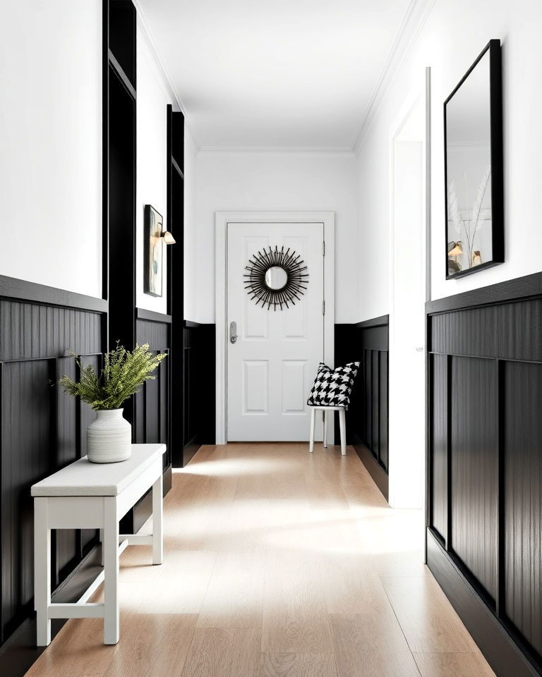 hallway black paneling with white upper walls