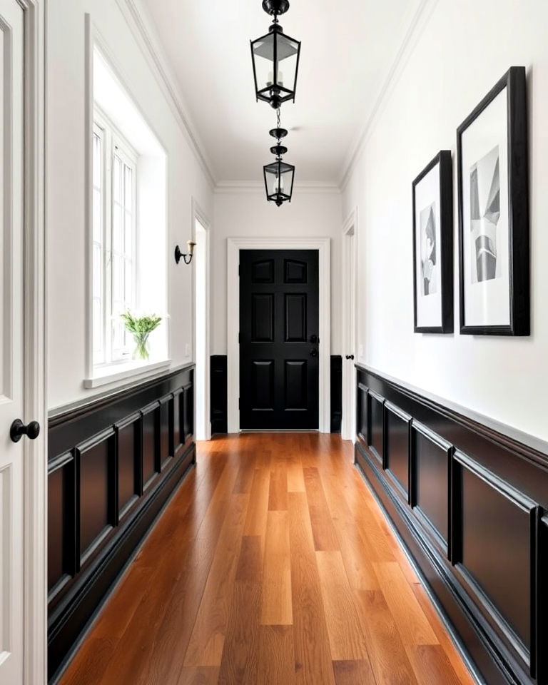 hallway black wainscoting with white walls