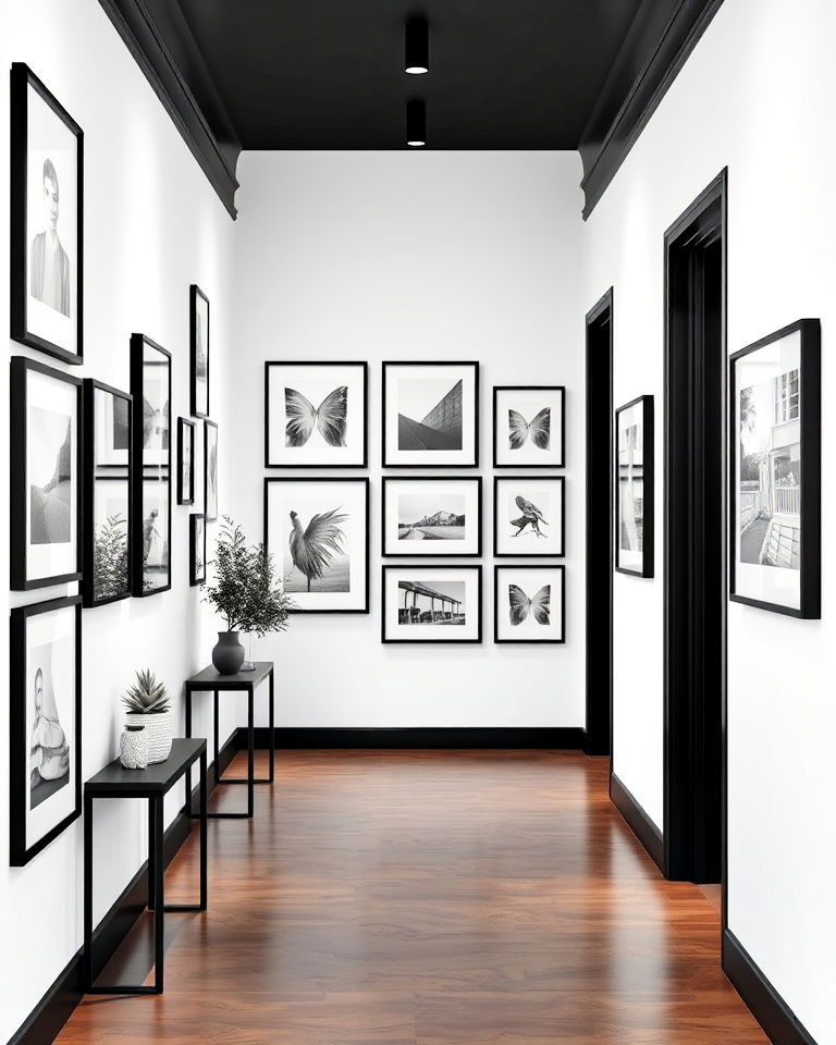 hallway gallery wall with black frames