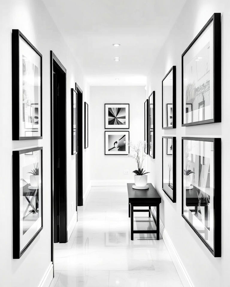 hallway monochrome art with simple frames
