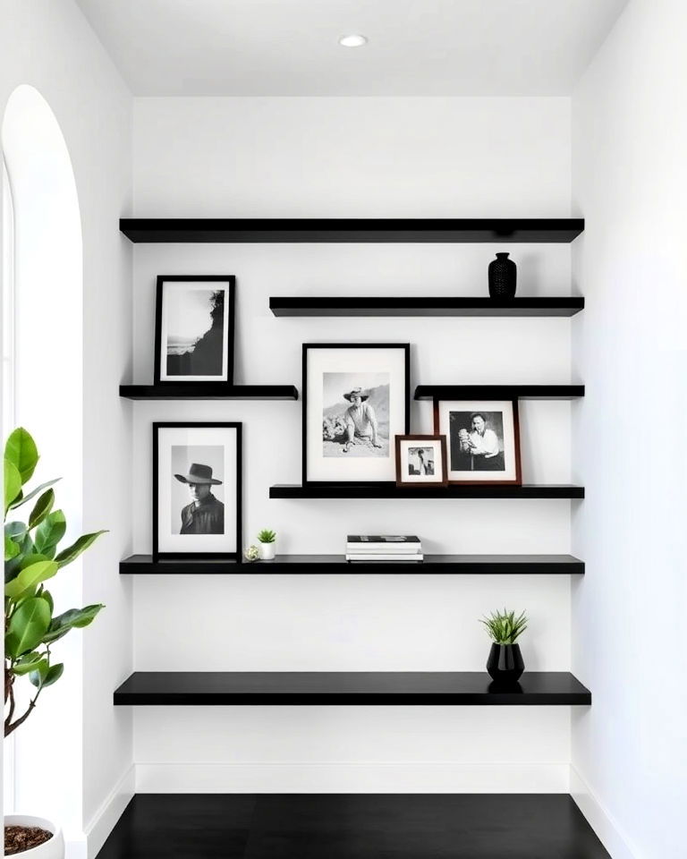 hallway white walls with black picture ledges