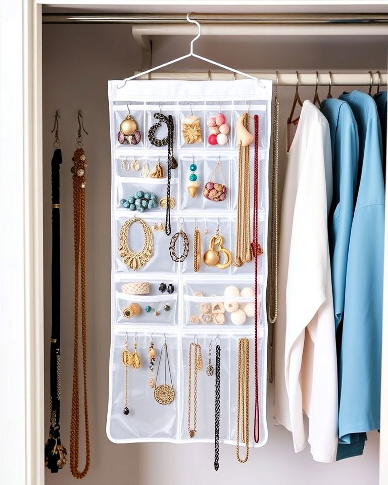hanging jewelry organizer with clear pockets