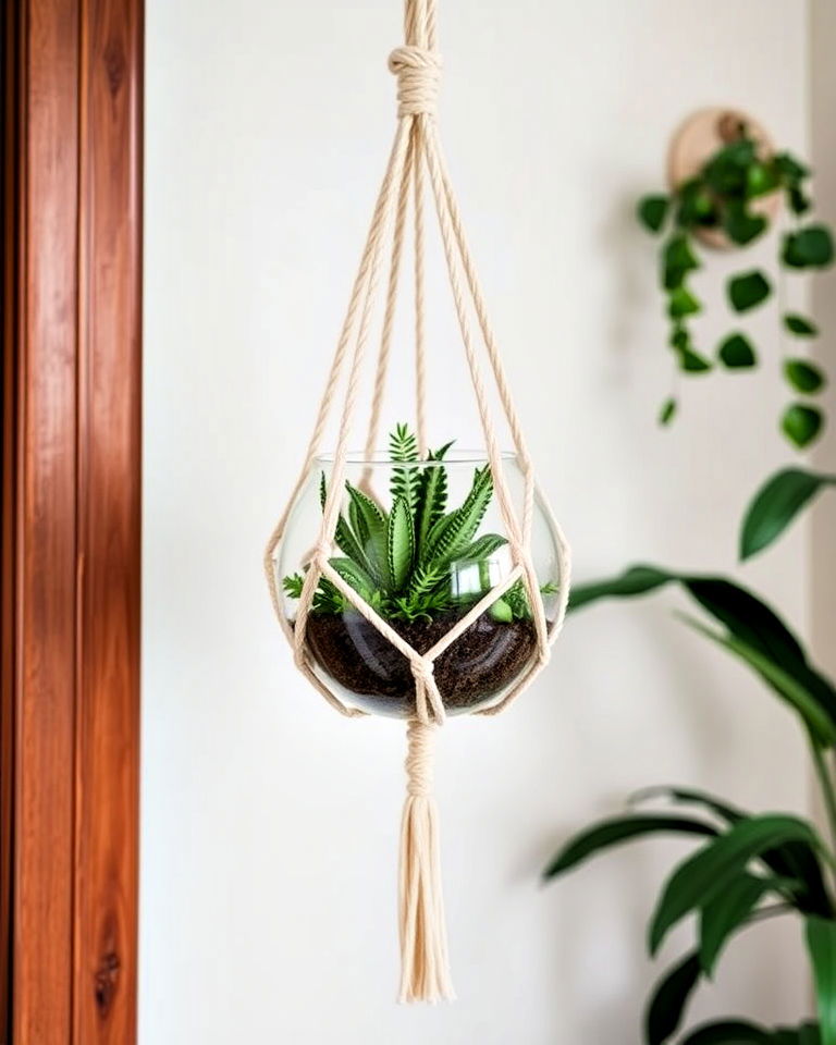 hanging macrame terrarium for bathroom