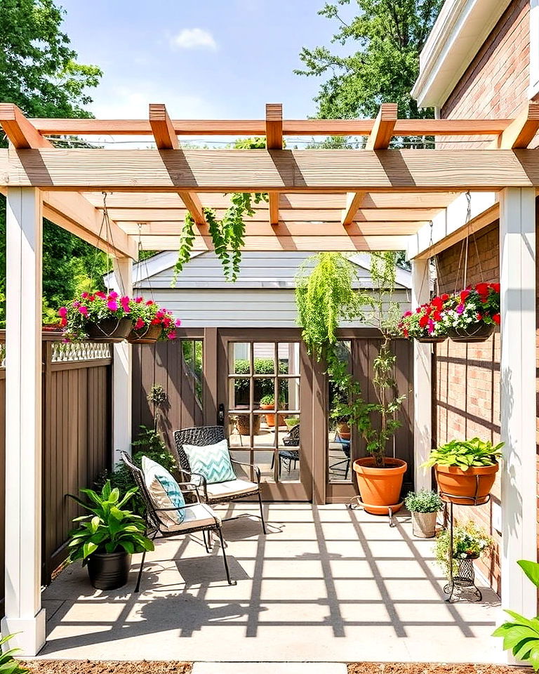 hanging planters on a pergola