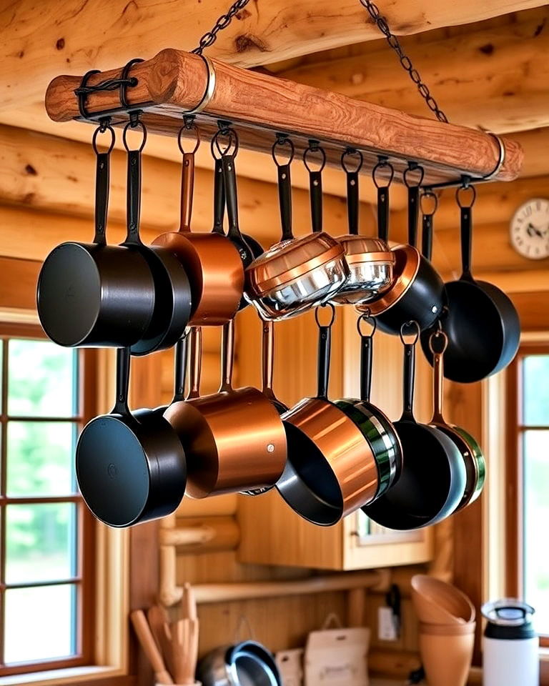 hanging pot rack for log cabin kitchen