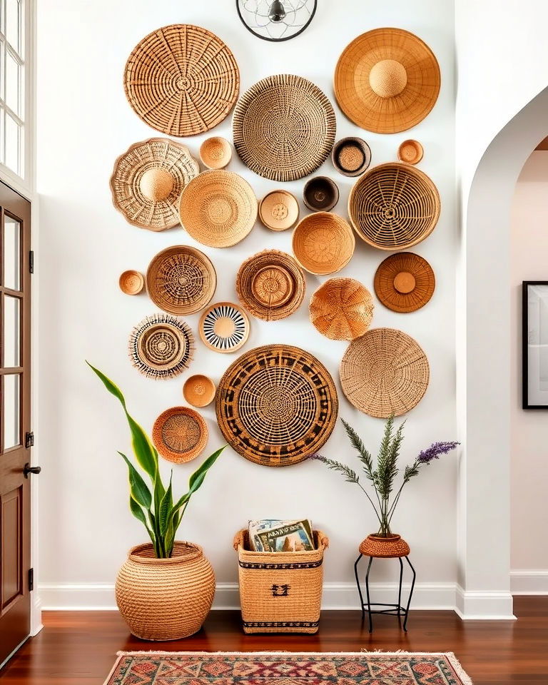 hanging woven baskets on the wall