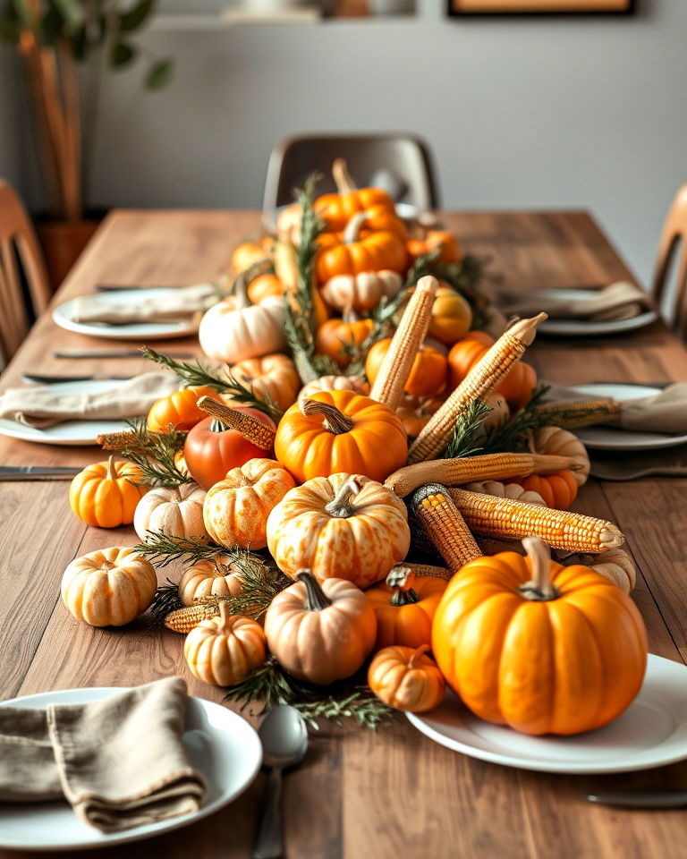 harvest inspired centerpiece with gourds and vegetables