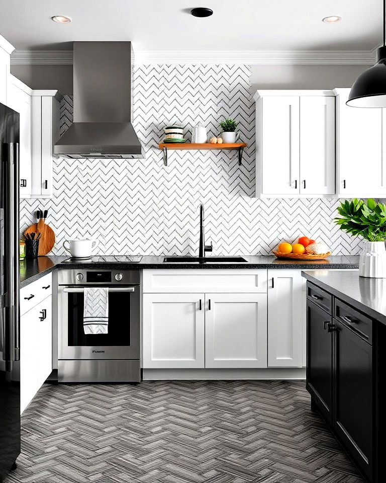 herringbone backsplash in black and white