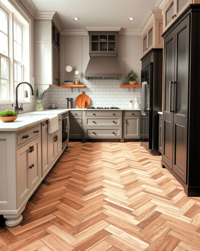 herringbone floor pattern kitchen