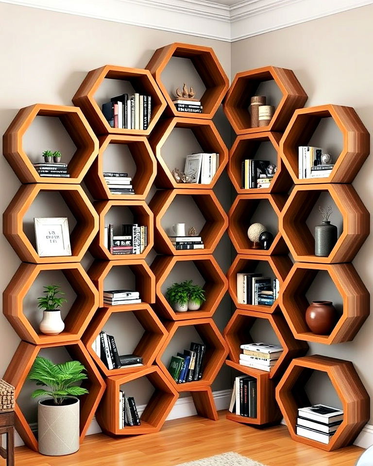 hexagonal corner shelves for eclectic interiors
