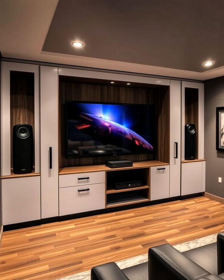 hidden equipment storage for basement theater