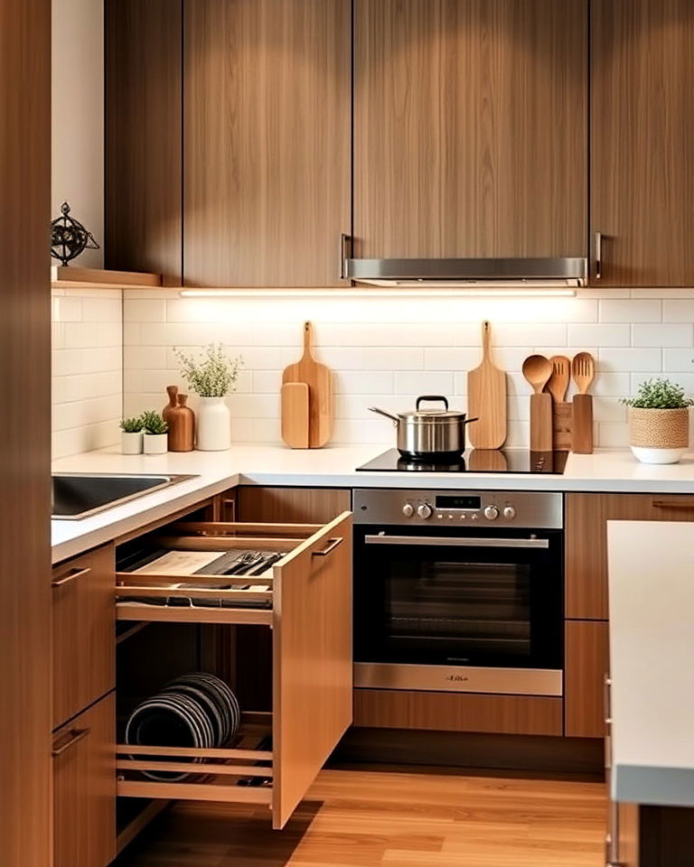 hidden storage solutions in japandi kitchen