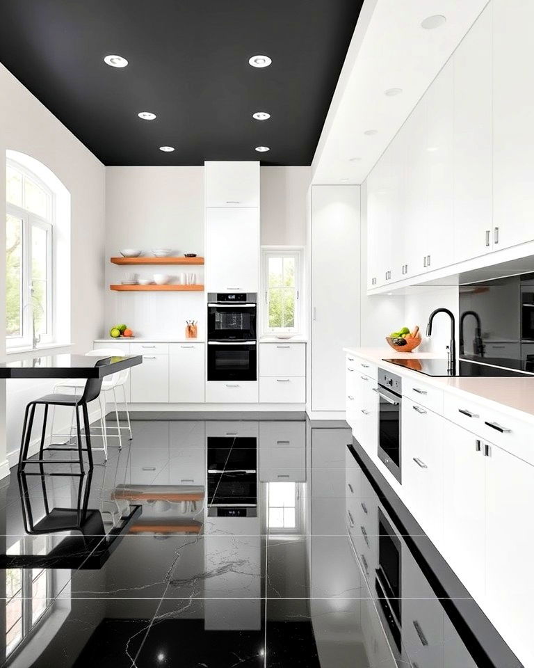 high gloss black porcelain tiled kitchen flooring